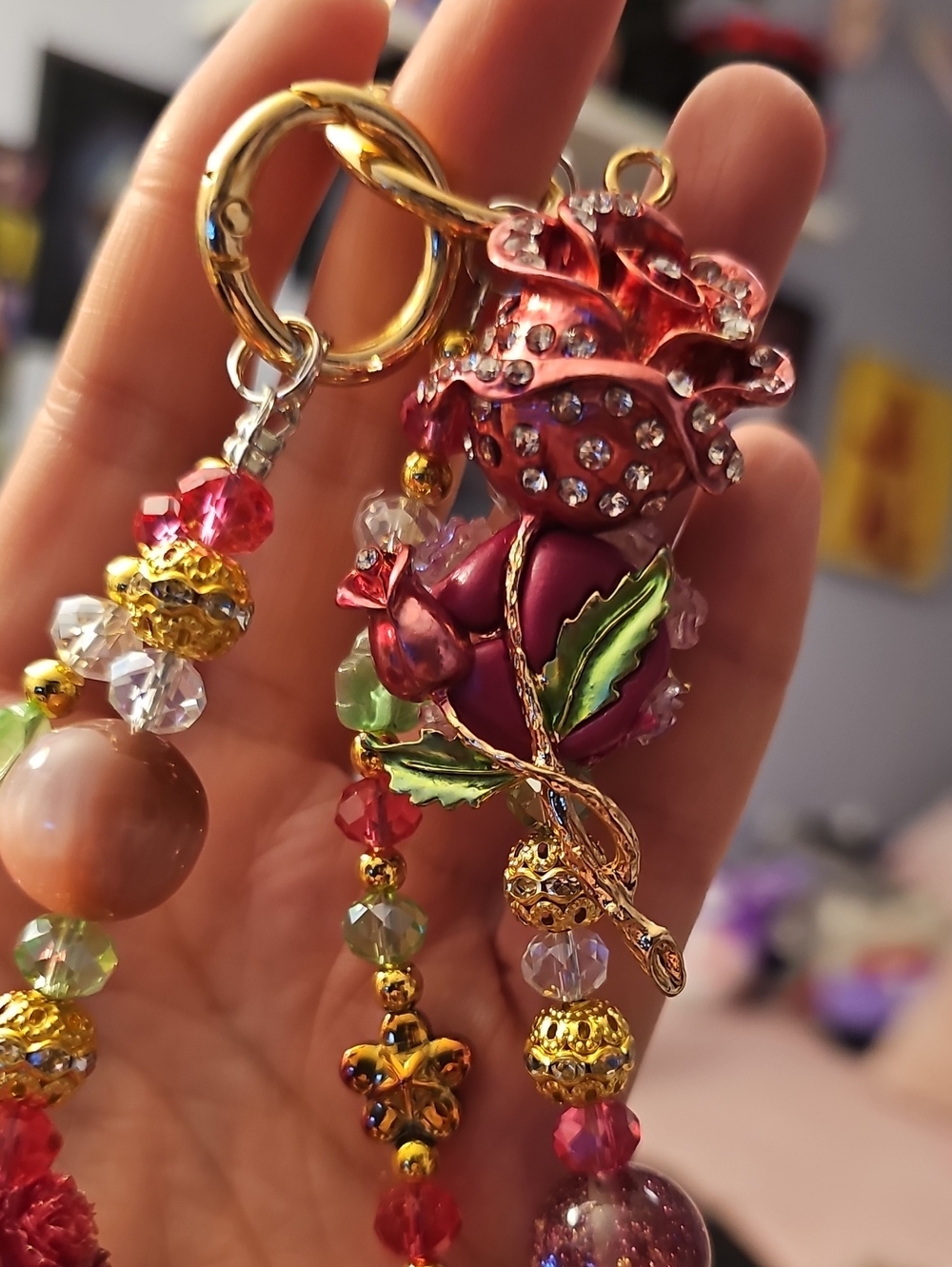 Gold-Tone Pink Rose Charm Keychain